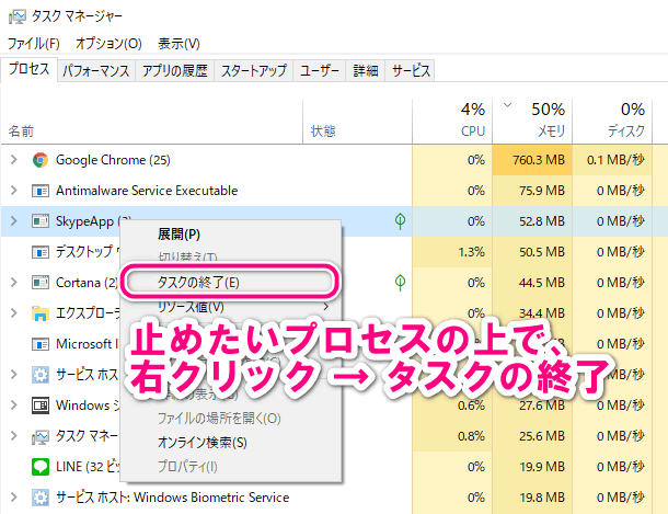 アプリケーションの強制終了