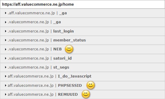 バリューコマースが設定しているCookie