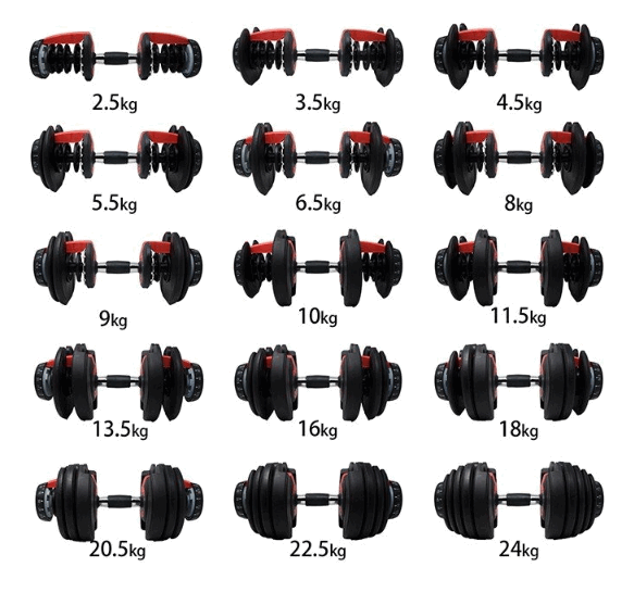 24kgアジャスタブルダンベルの重量パターン