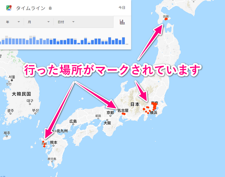 地図上で訪問場所がピン止め