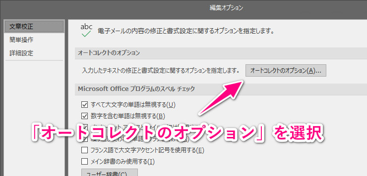 「オートコレクトのオプション」を選択