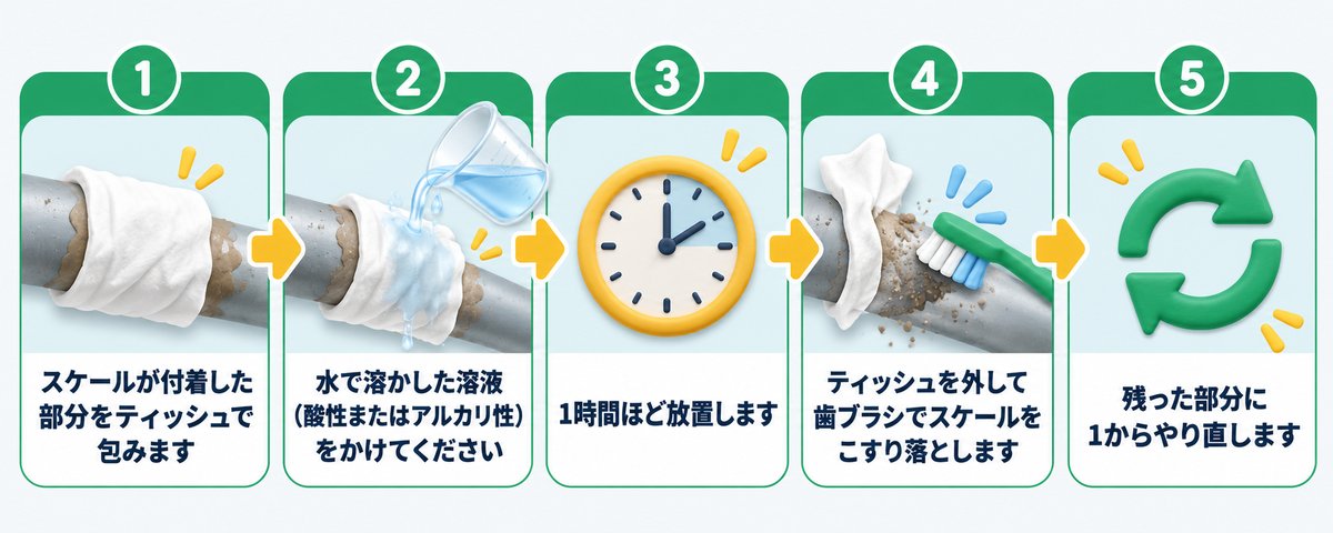 加湿器に固着したスケールを溶剤パックで落とす5ステップの手順