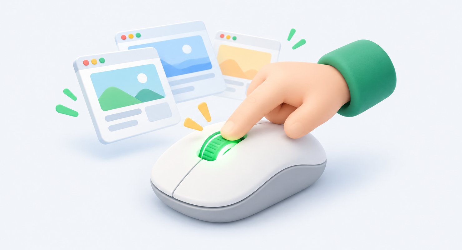 マウスのホイールを押し込むと裏でタブが開くイラスト