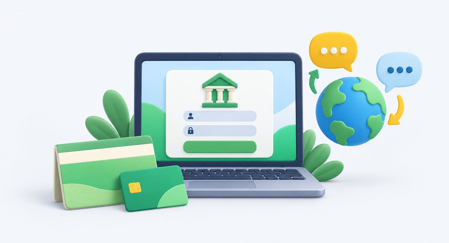英語に切り替えて使うオンラインバンキングのイラスト