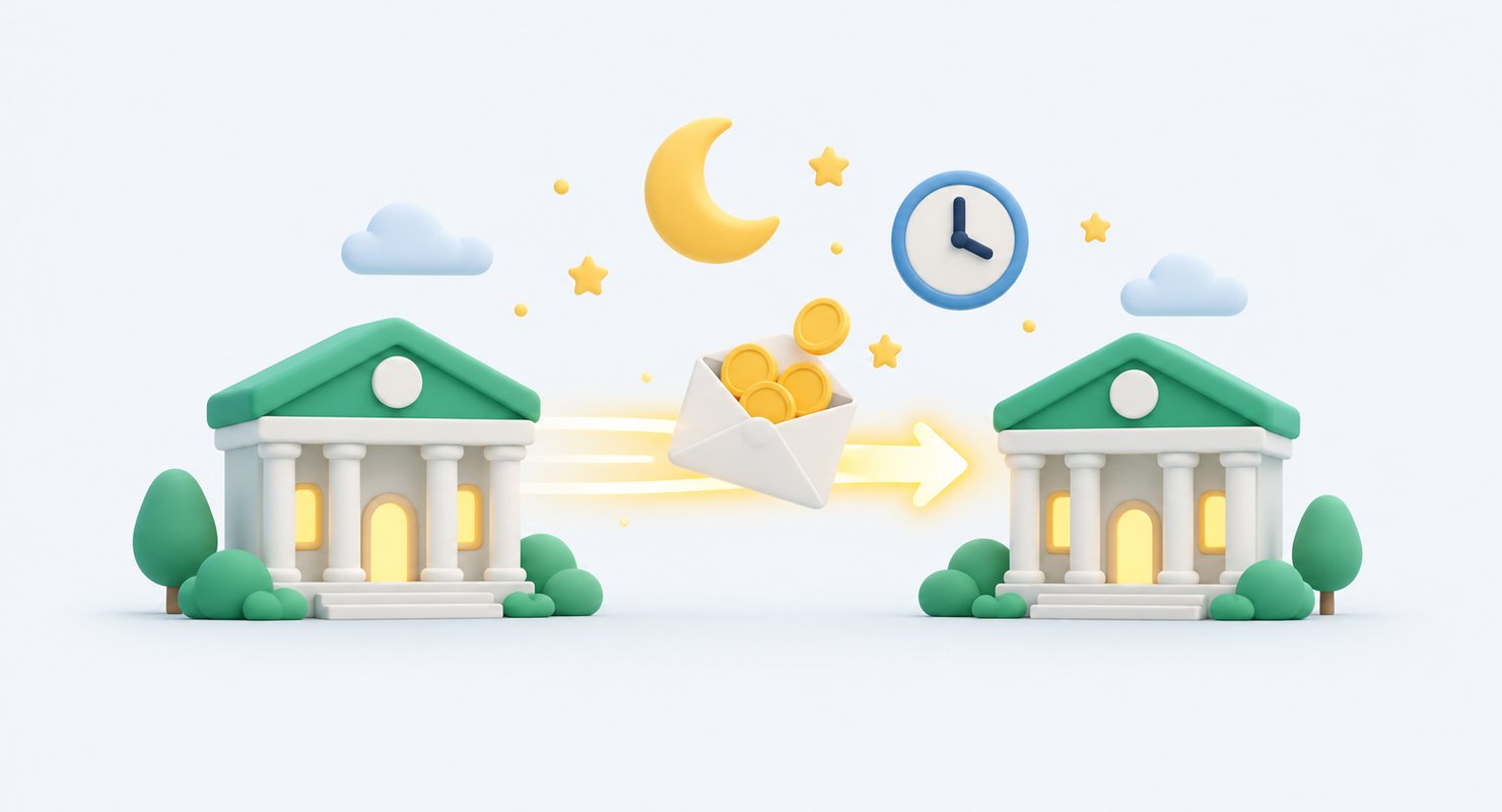 夜間でも銀行から銀行へお金が即時に届くイラスト