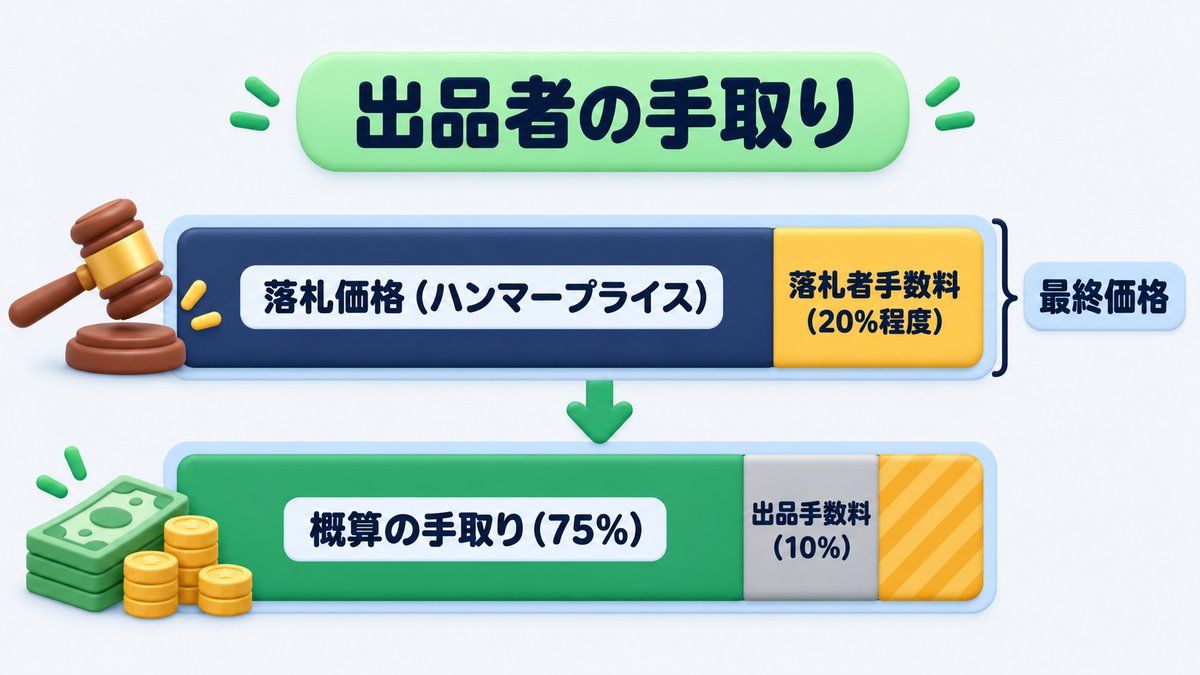 オークションの出品者の手取り:落札価格に落札者手数料(20%程度)を足したものが最終価格で、出品手数料(10%)を引いた概算の手取りは75%