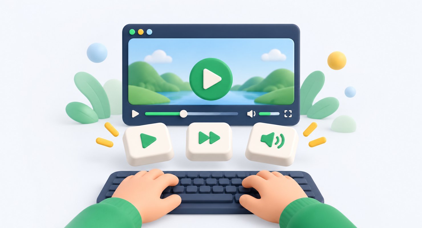 動画プレーヤーをキーボードのショートカットキーで操作するイラスト