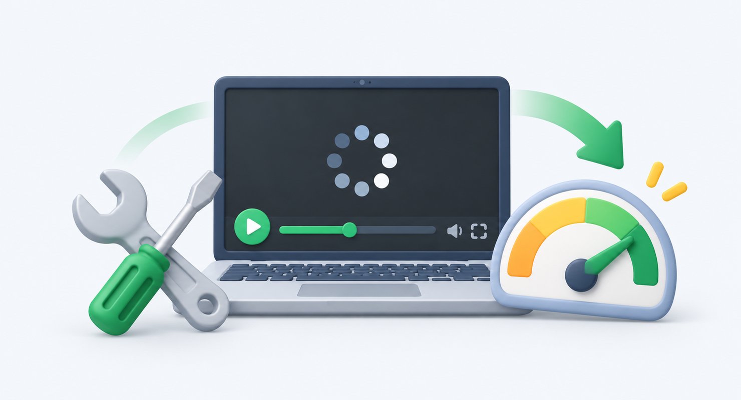 止まる動画を工具で直して速度が戻るイラスト